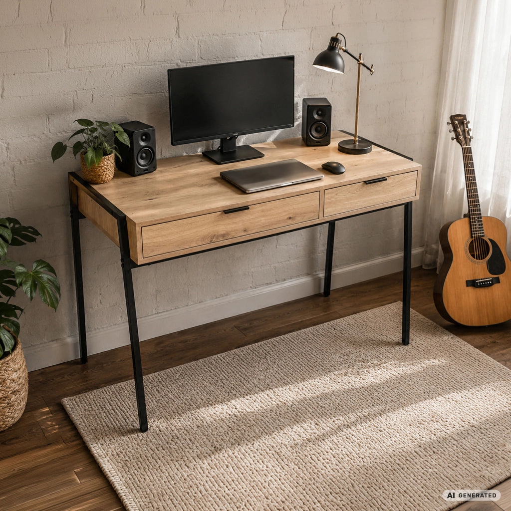 Scrivania industriale per computer Rovere Artisan ZENTIA 100 cm 2 cassetti gambe nere