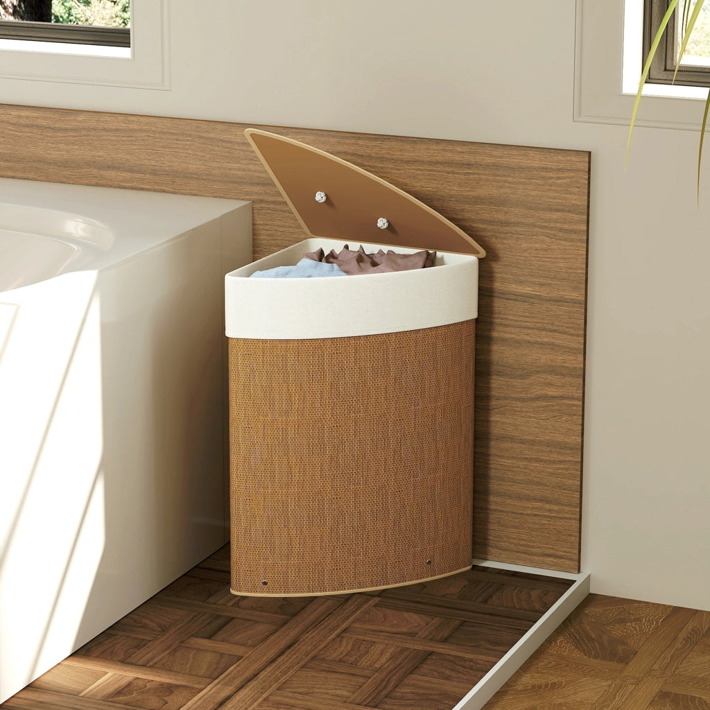 Cesto Portabiancheria Angolare da 55L con Sacco Rimovibile 35x35x60 cm in Vimini e Bambù Marrone