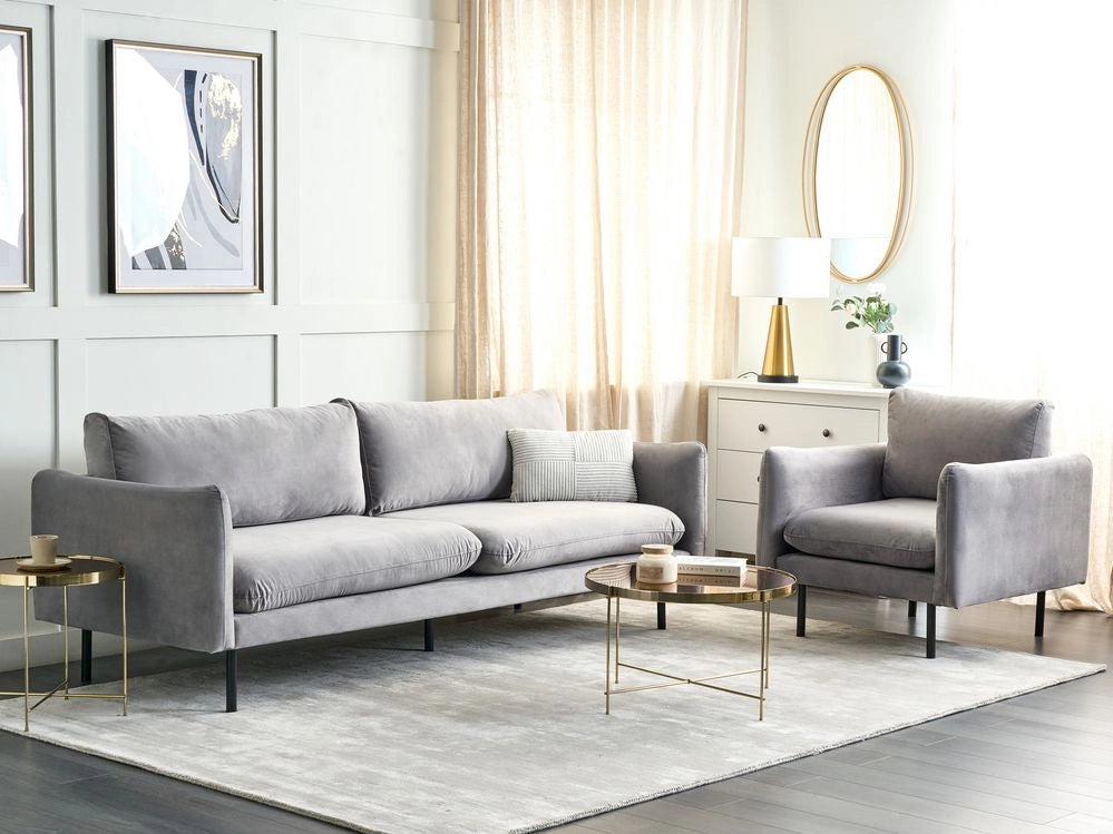 Set Soggiorno Tessuto Velluto Grigio Gambe Nere Divano Ad Angolo Poltrona A 3 Posti Stile Retrò Moderno
