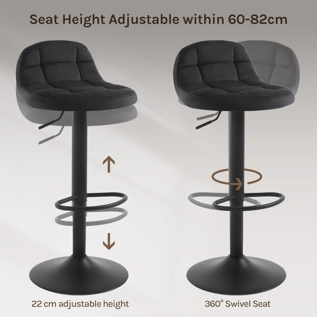 Set di 4 Sgabelli da Bar con Schienale Sedia Alta da Cucina Imbottita Seduta Regolabile in Altezza 60-82cm con Poggiapiedi Girevole a 360° in Velluto, Nero BH317sz-4