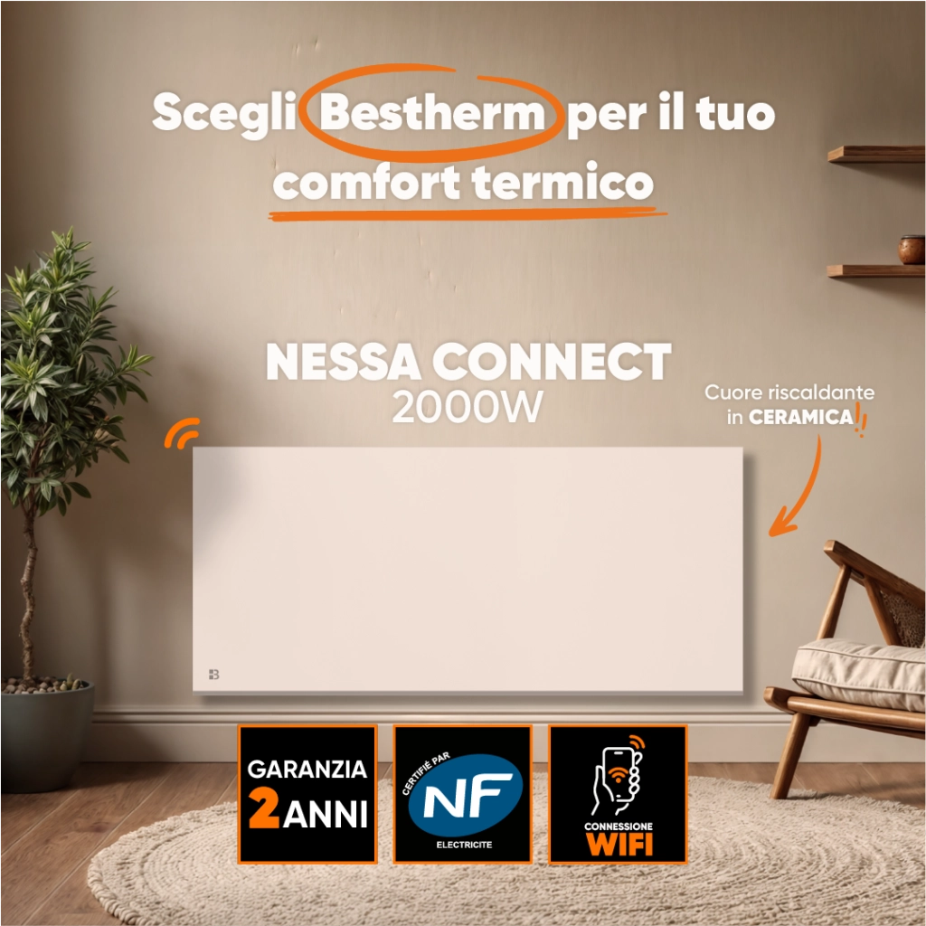 Radiatore elettrico fisso connesso WIFI con inerzia ceramica a secco 2000W NESSA CONNECT orizzontale bianco