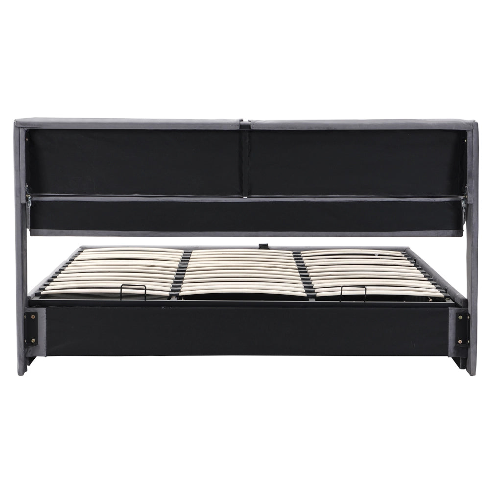 Letto imbottito 180x200 in velluto grigio con contenitore; 3 cassetti e testiera regolabile