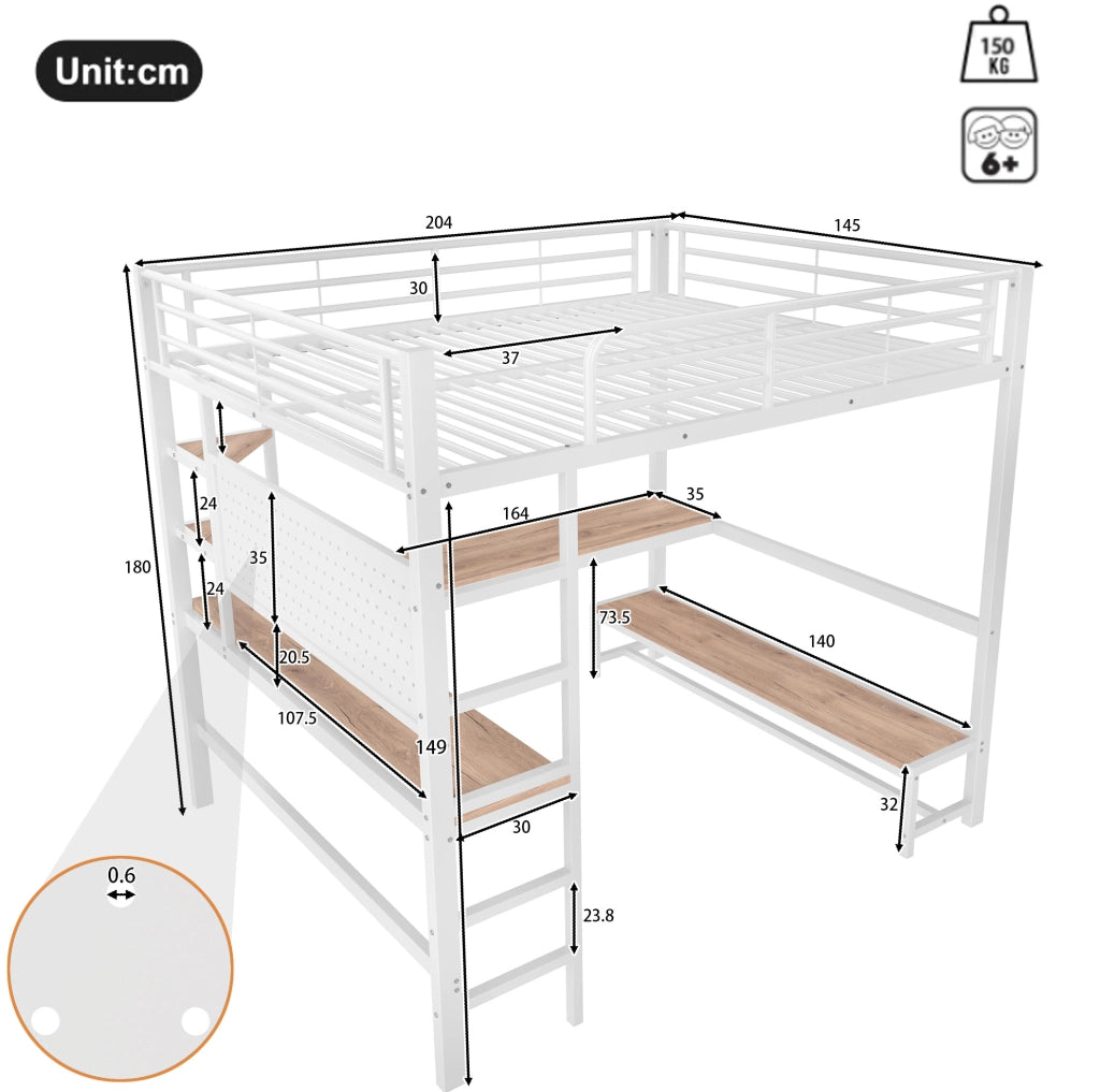 Letto a soppalco 140x200 cm bianco con scrivania, LED, USB-C e ripiani