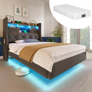 Letto imbottito 90x200 cm grigio con LED, ricarica USB/Type-C e materasso H3