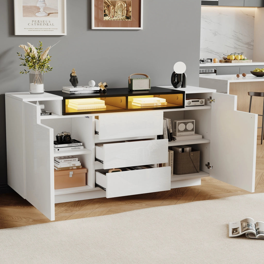 Sideboard soggiorno 140x40x68 cm bianco e nero con LED