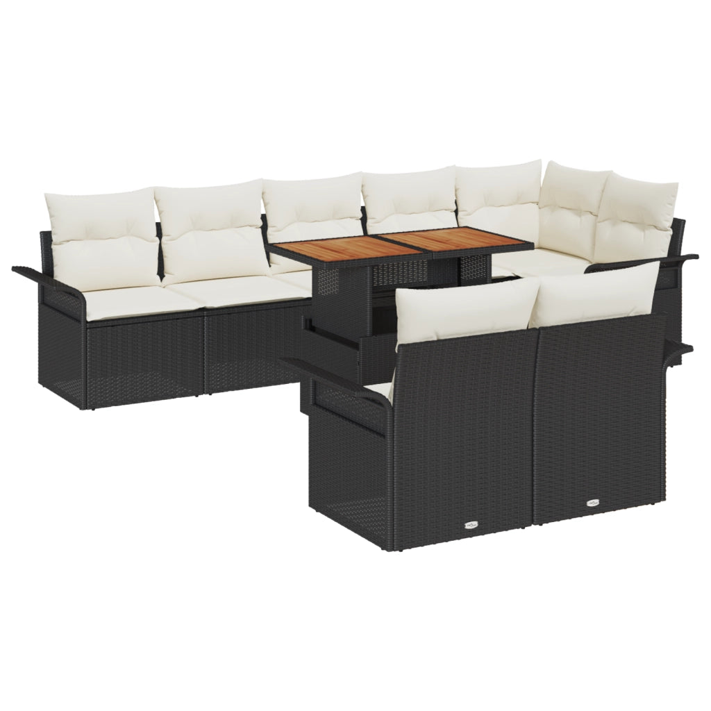 Set da pranzo da giardino 9 pezzi con cuscini neri in polyrattan e acacia