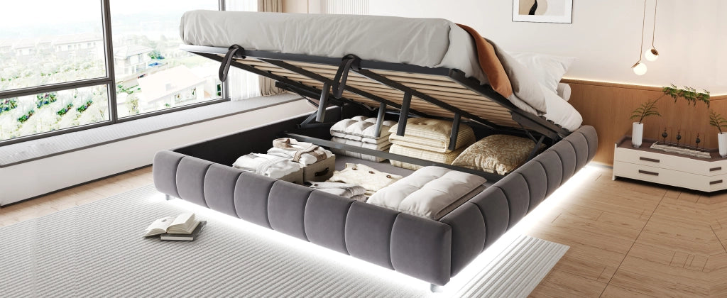 DESMIU Letto contenitore 180 × 200 cm con LED, apertura idraulica, senza materasso, grigio