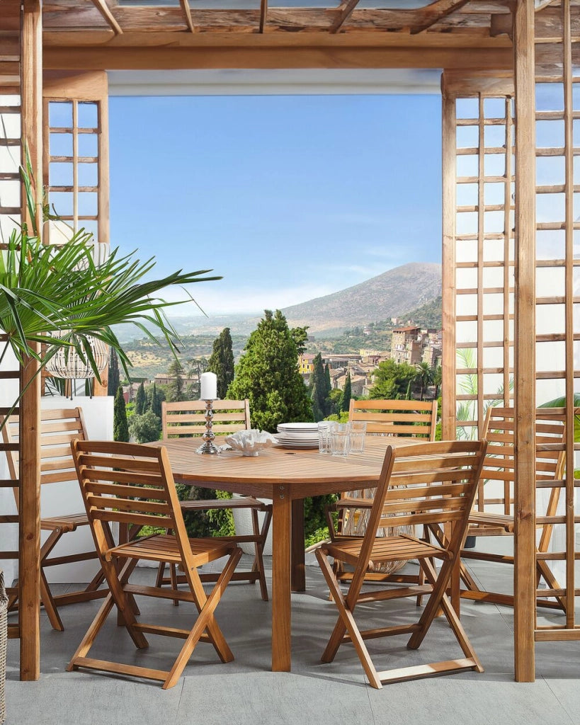 Set di 6 sedie da giardino in legno chiaro di acacia pieghevole con schienale a doghe per interni ed esterni