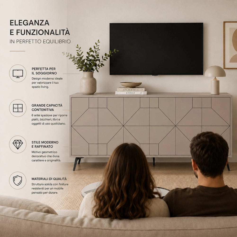 Madia con 6 Ante Credenza Design Geometrico Moderno in Legno 184x77 cm Tortora
