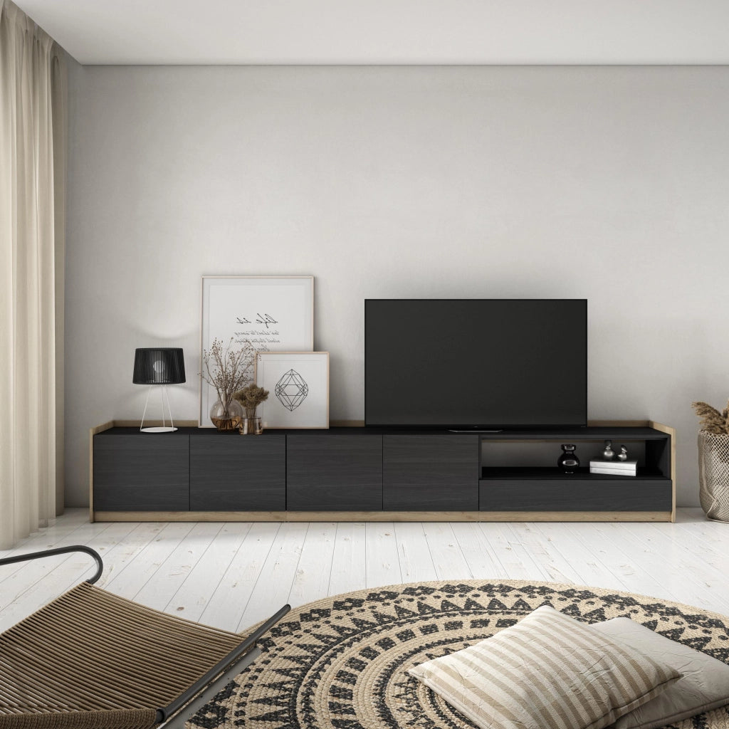 Mobile TV Soggiorno, 310x50x37 cm, Per TV fino a 80", Mobile Soggiorno, Nero e rovere
