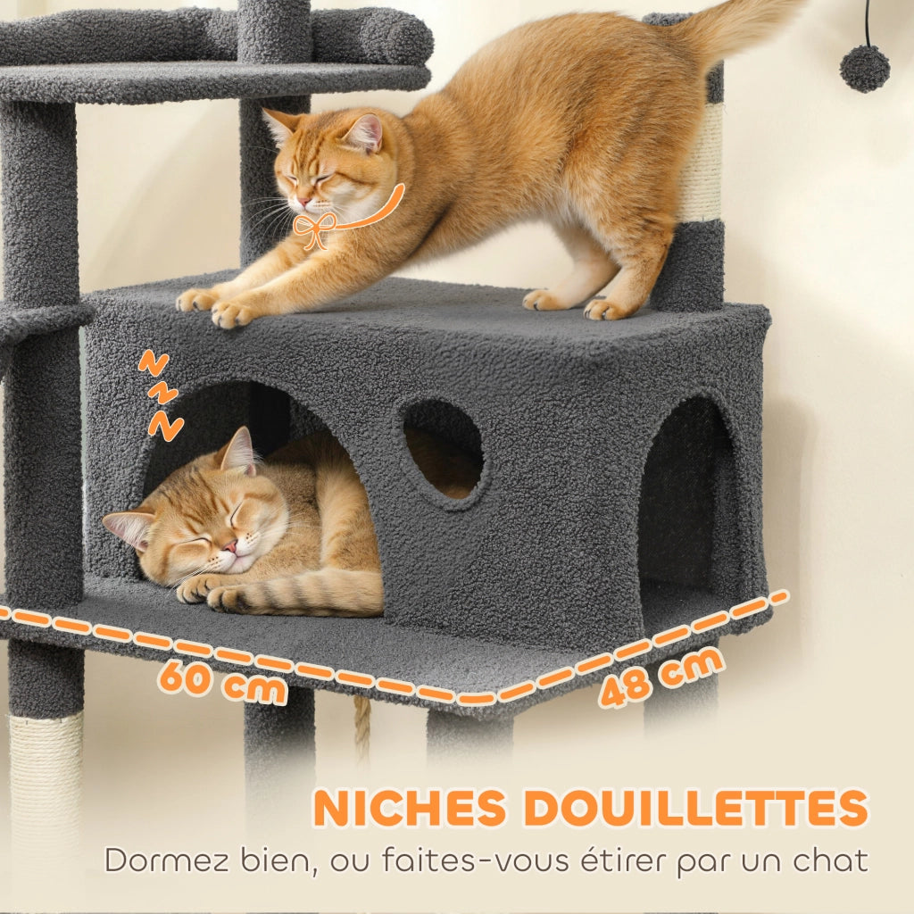 Arbre a Chat con Grigliatoio 3 Letti 2 Nicchie e 3 Giocattoli ¨C zephmum ¨C Grigio 174 cm