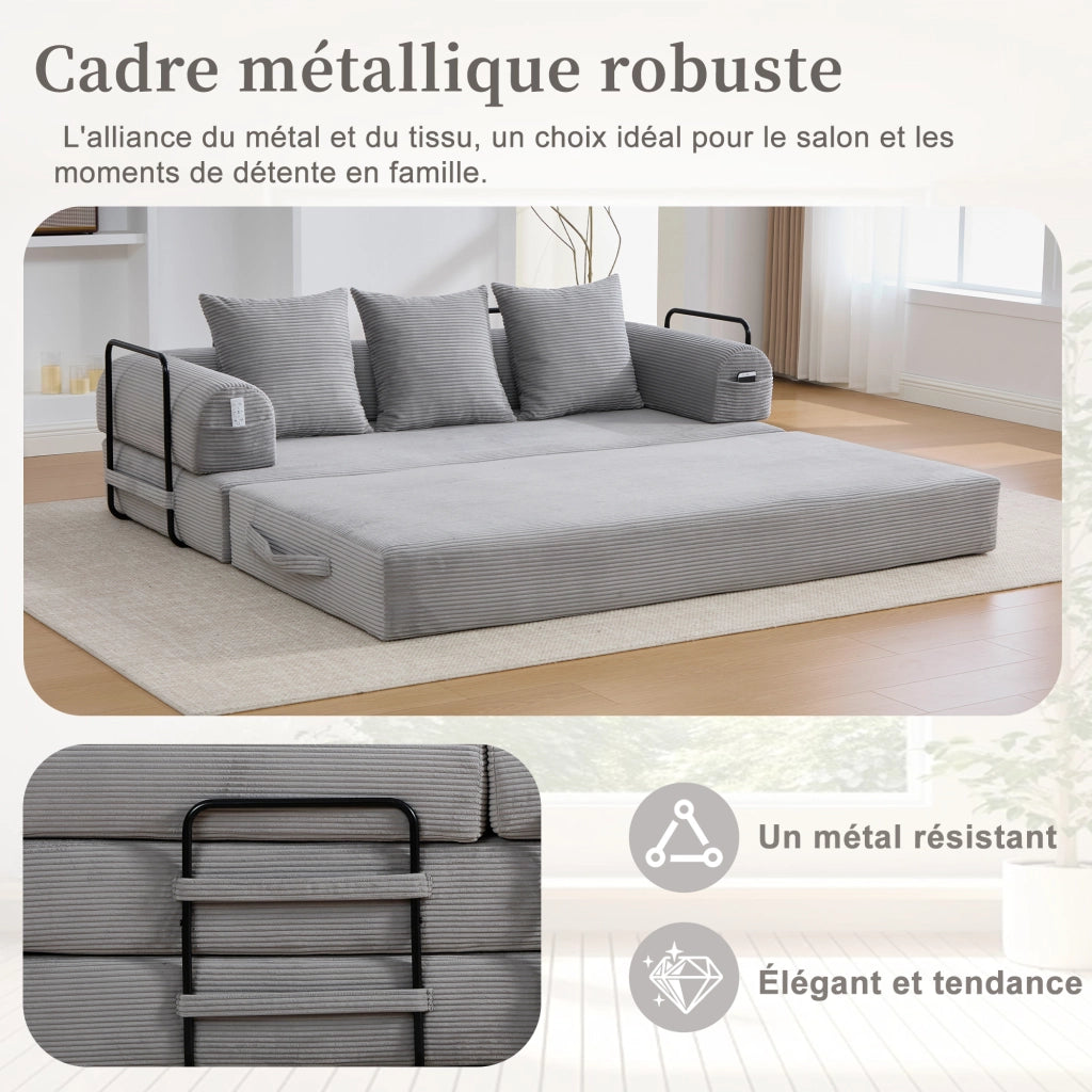 Divano modulare 3 posti con tasca laterale e 3 cuscini in corduroy grigio chiaro