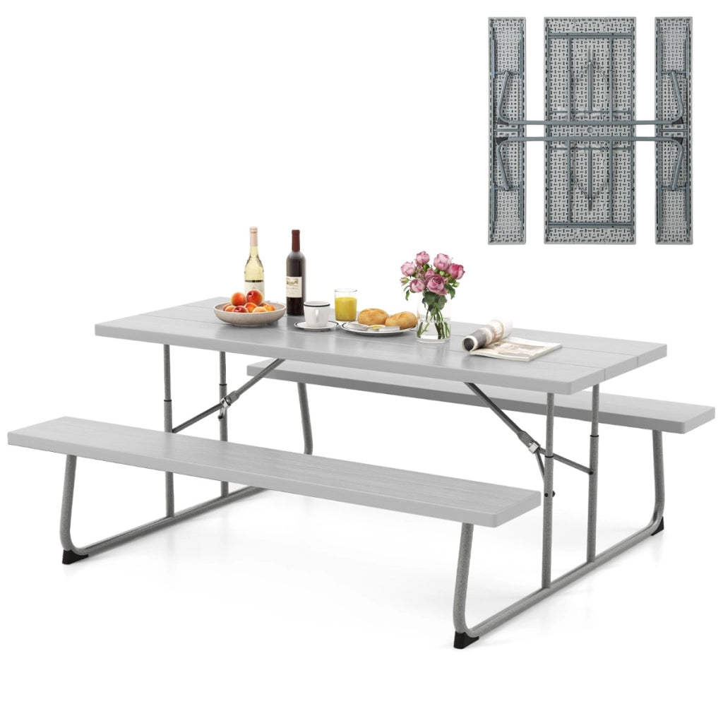 Tavolo da picnic pieghevole con 2 panche, Set di tavolo da 183cm con telaio in metallo e foro per ombrellone Grigio-Tavoli e sedie da campeggio