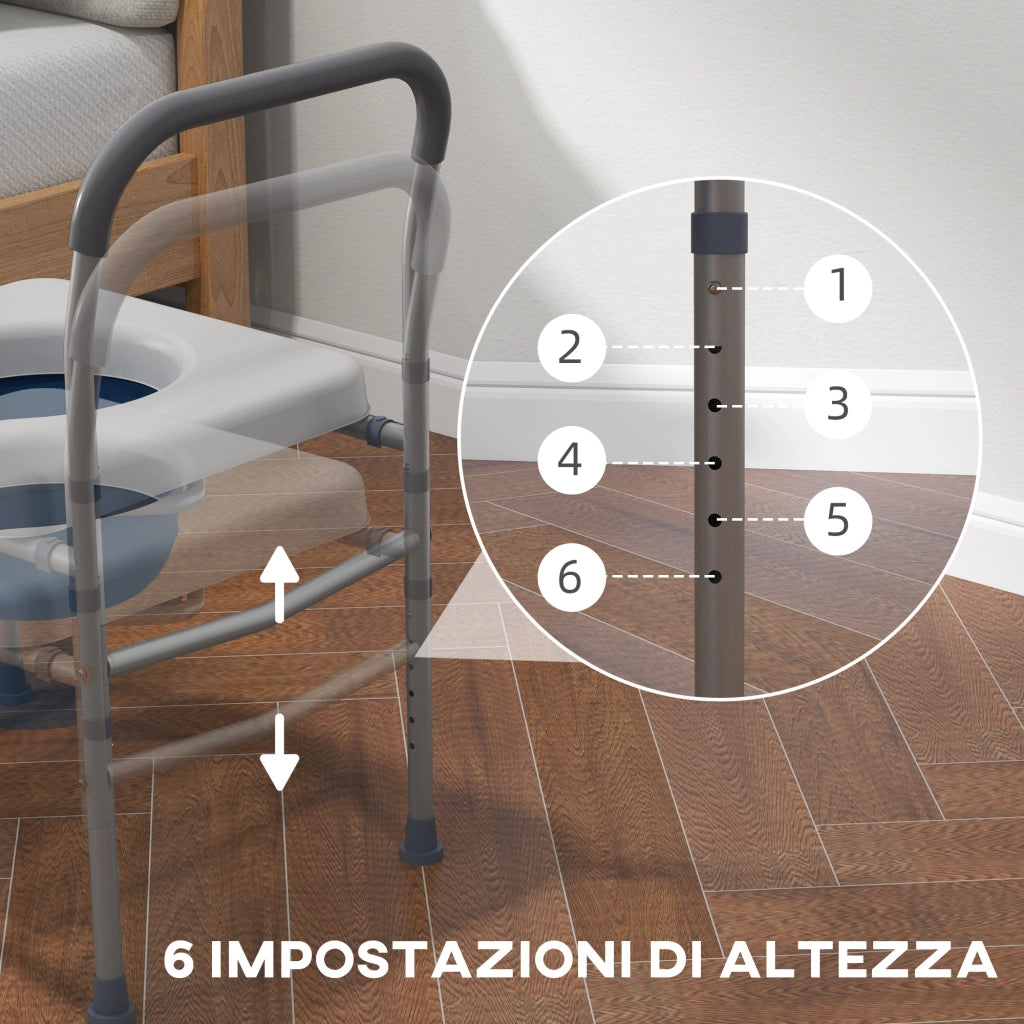 Sedia Comoda WC per Anziani e Disabili 4 in 1 Regolabile in Altezza con Braccioli Imbottiti. Grigio