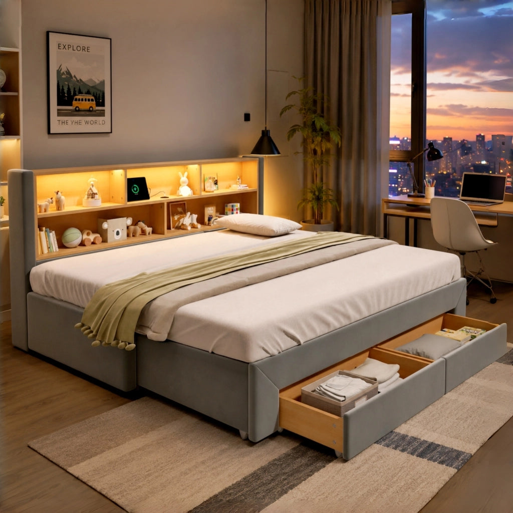 Letto daybed estraibile con cassetti, prese USB e Tipo-C, illuminazione LED, velluto grigio 90x200 cm