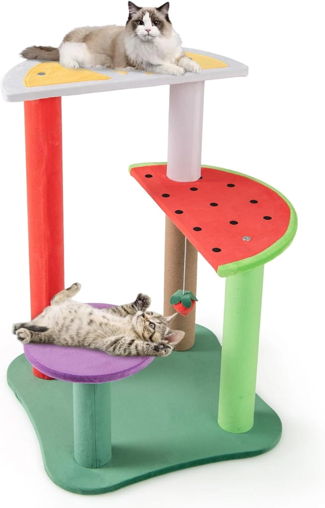 Tiragraffi per Gatti a Forma di Frutta, Albero Moderno per Animali Domestici Multilivello con Piattaforme, Palla di Fragola Pendente e Tiragraffi per Gatti