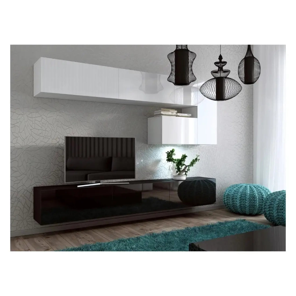 Set di mobili per soggiorno sospesi bianchi e neri, collezione CEPTO XV. 249 cm, 8 pezzi, con LED.