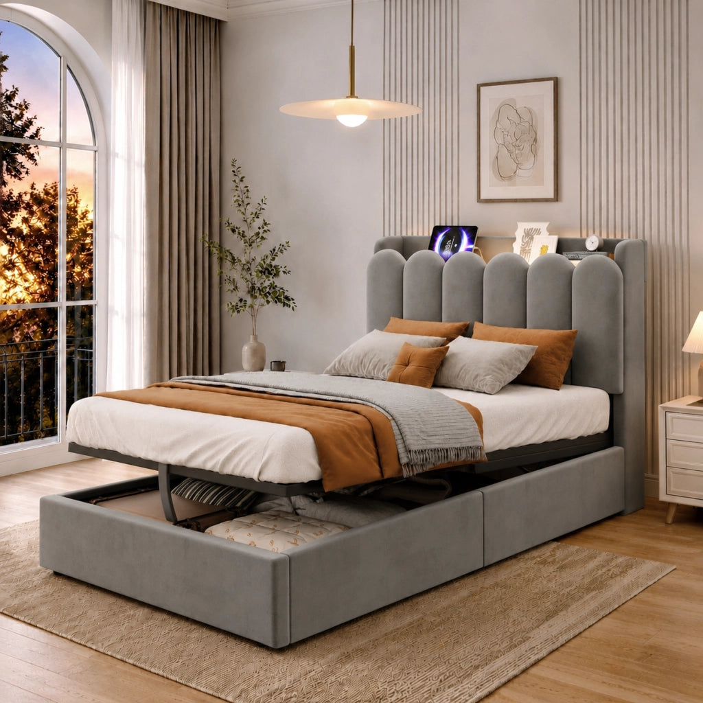 Letto singolo imbottito per bambini 90x200 cm con contenitore, doghe incluse, USB/Type-C e luce, velluto grigio