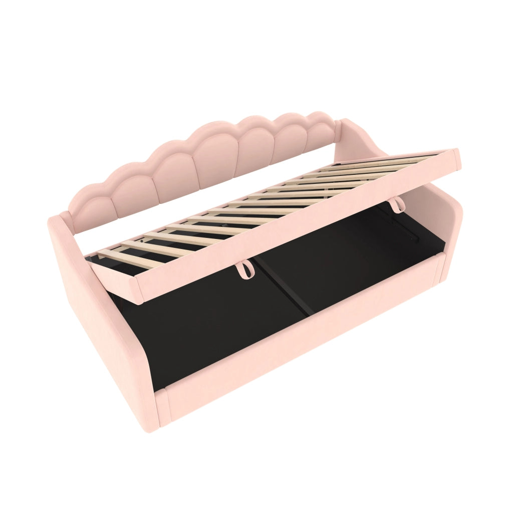 Divano letto ULEVR 90x200 cm in velluto rosa con contenitore idraulico, LED multicolore e telecomando