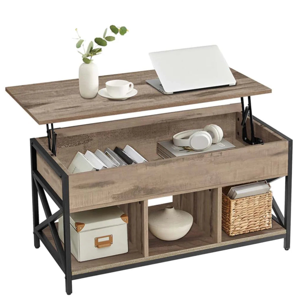 Tavolino da caffè con piano sollevabile vano portaoggetti nascosto e scomparti aperti struttura in acciaio 50 x 100 x 62 cm marrone 12_0007492