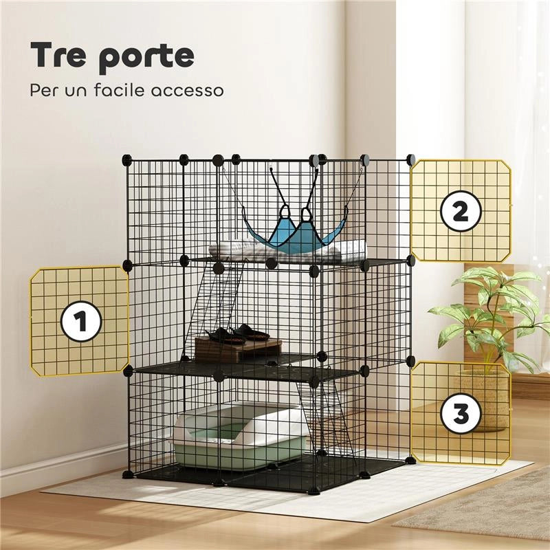 GABBIA PER GATTI RECINTO PERSONALIZZABILE 3 LIVELLI, 105CM, NERO