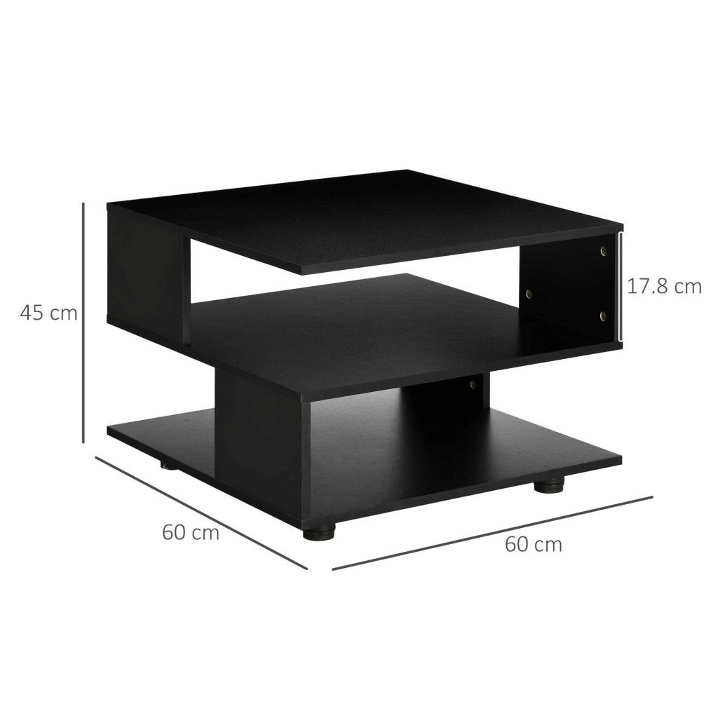 Tavolino da Caffè Asimmetrico 60x60x45 cm con Ripiani e Piedini Regolabili in Legno Nero