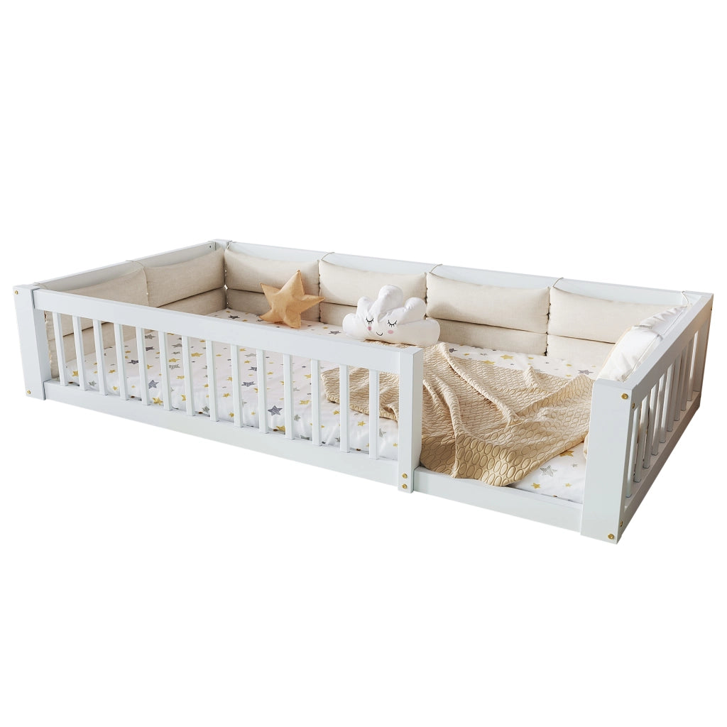 Letto a piattaforma 90x200, letto singolo bianco con cuscini e sponde
