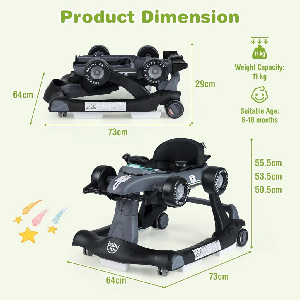 Girello per Bambini 6-18 Mesi, Baby Walker 4 in 1 con Musica e Luci, Primi Passi Piegevole e Portatile, Altezza e Velocità Regolabili, Carrello da Spinta, Forma di Macchinina (Grigio)