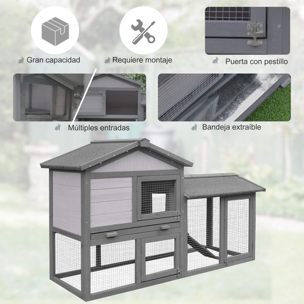 Gabbia per Conigli in Legno da Esterno con Bandeja e Rampa ¨C zephmum ¨C 147x54x84 cm Grigio