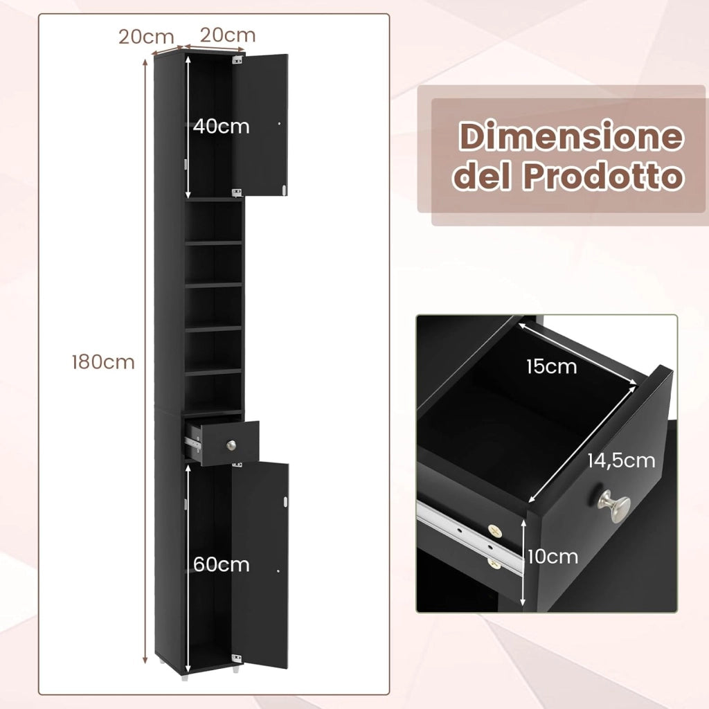 Armadio da Terra Alto, Mobile Colonna Bagno con 2 Ante 1 Cassetto e 5 Ripiani Regolabili, Mobile Bagno Salvaspazio per Bagno Soggiorno Camera da Letto, 20x20x180cm (Nero)