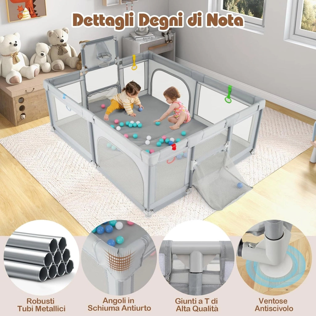 Box Bambini 190 x 160 cm, Recinto Pieghevole Bambini con Canestro da Basket, 2 Porte da Calcio, 50 Palline e 4 Anelli, Centro Attività con Borsa Trasporto per Neonati 0-3 Anni
