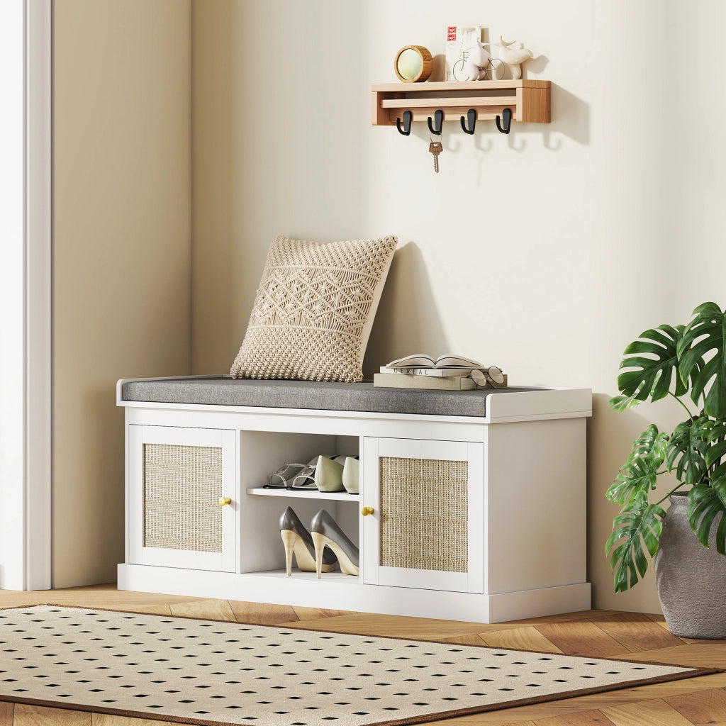 Cassettiera con ante in rattan e ripiani regolabili ¨C zephmum ¨C 105x35x47 cm bianco