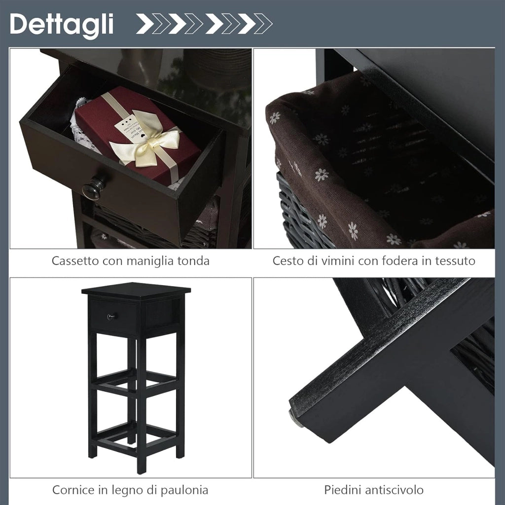 Comodino Camera da Letto in Legno, Tavolino per Divano, Comò Moderno, Ideale per Camera da Letto, 28 x 26 x 60 cm (Nero)