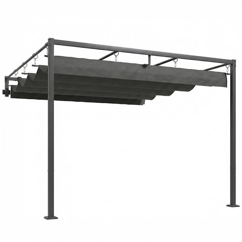PERGOLA ADDOSSATA 3X3 M CON TETTO RETRATTILE SCORREVOLE UV30+ E FORI DI DRENAGGIO, GRIGIO SCURO
