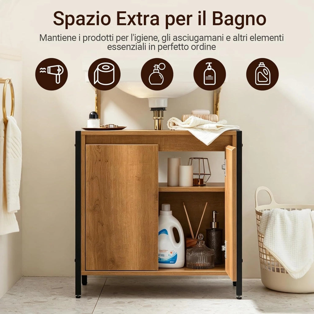 Mobiletto Bagno Salvaspazio - Mobile Sottolavabo per Bagno con 2 Ante e Ripiano, Mobile Sotto Lavabo da Terra con Piedini Regolabili 60x60x30 cm BZR63-PF
