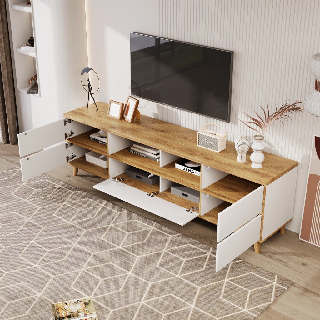 Mobile TV con 4 Ante e 2 Vani; Stile Moderno; Soggiorno; 175??37??51 cm; in MDF; Bianco e Effetto Legno