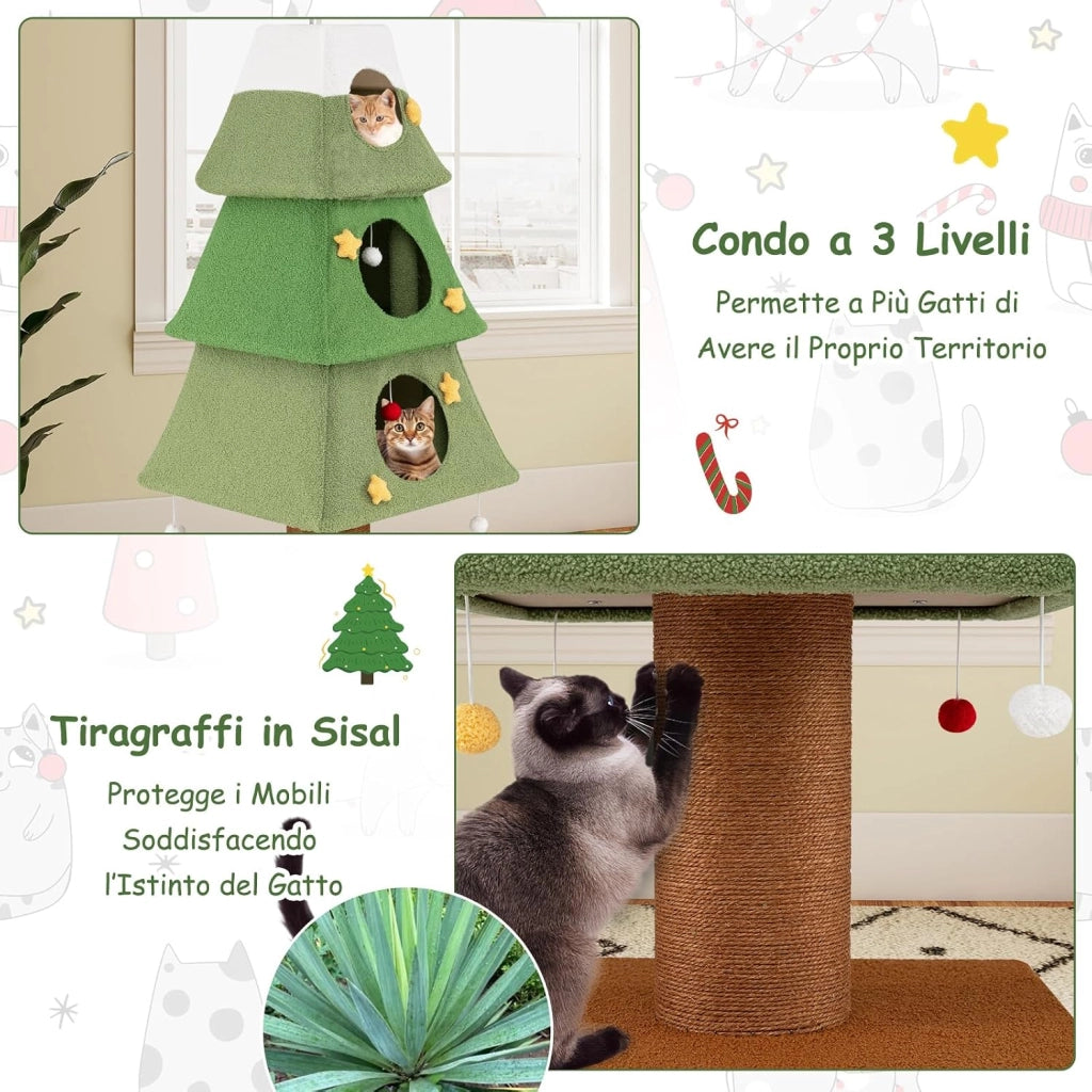 Albero per Gatti da Interno, Tiragraffi per Gatti Alto 162 cm con 3 Condo, Palo Tiragraffi in Sisal e Palline Pendenti, Mobile per Arrampicata per Decorazione Festiva