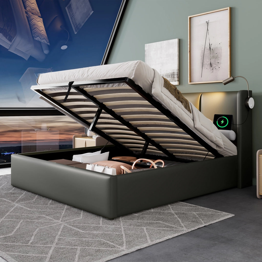 Letto Contenitore Letto Matrimoniale 140 x 200 cm con Luce da Lettura e USB; senza Materasso; PU Grigio
