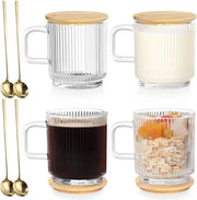 Tazza da Caffè 350ml Tazza Espresso Vaso Striato con Cucchiaio e Coperchio - ideale per Cappuccino, Latte, Cereali