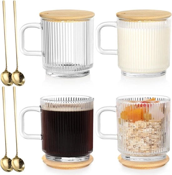 Tazza da Caffè 350ml Tazza Espresso Vaso Striato con Cucchiaio e Coperchio - ideale per Cappuccino, Latte, Cereali