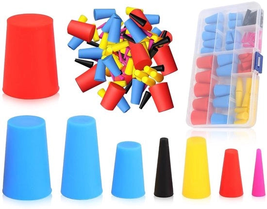 Set di doppi in silicone - 60 doppi conici - Resistenti al calore - Stopper siliconici - Doppi di chiusura - Scatola trasparente 17 x 10 x 2,3 cm