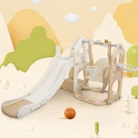 Scivolo per bambini 5-in-1 con altalena, arrampicata, canestro da basket e spazio di stoccaggio, 179×184×103 cm,Marrone+Bianco