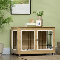 Casetta per Cani Taglia Media e Grande con 2 Porte Bloccabili e Cuscino Lavabile, 90x58x65 cm, Rovere