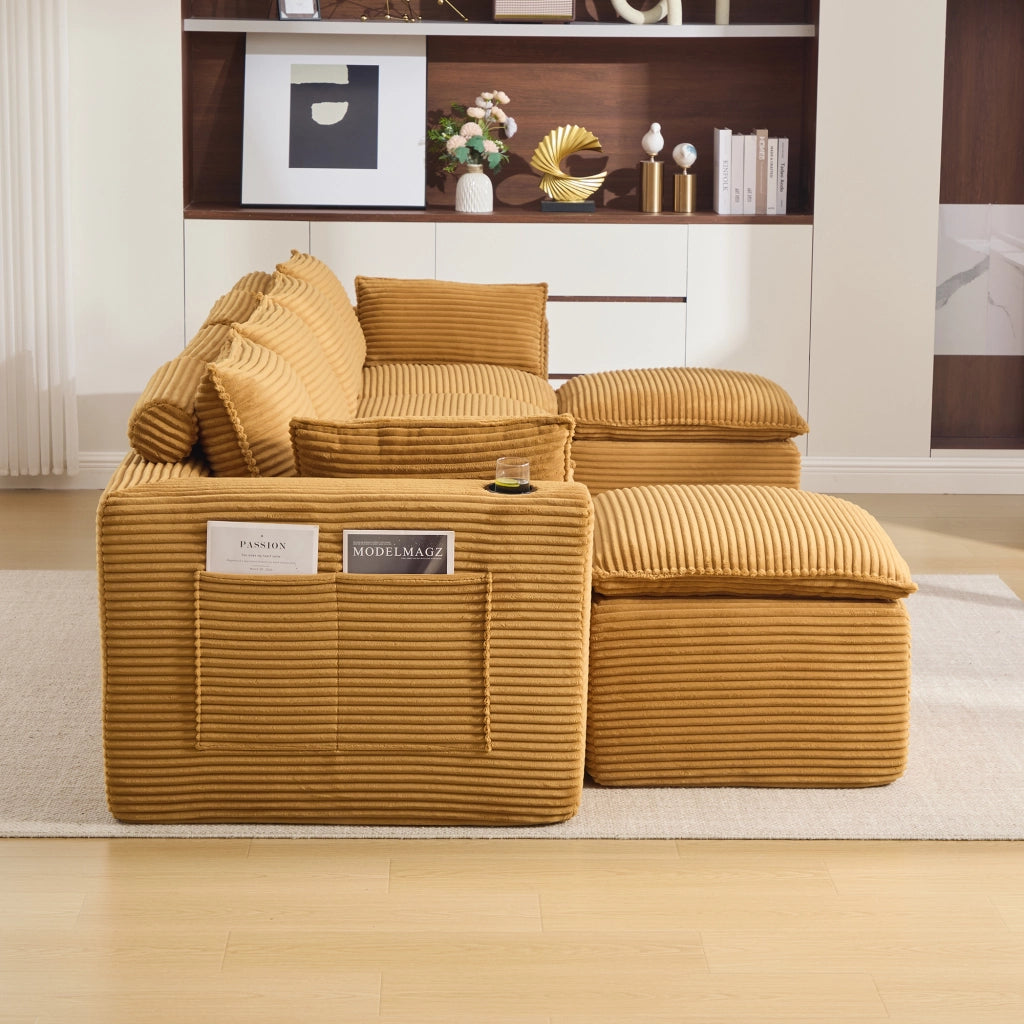Divano modulare 4 posti con pouf e tasche laterali in velluto a coste arancione
