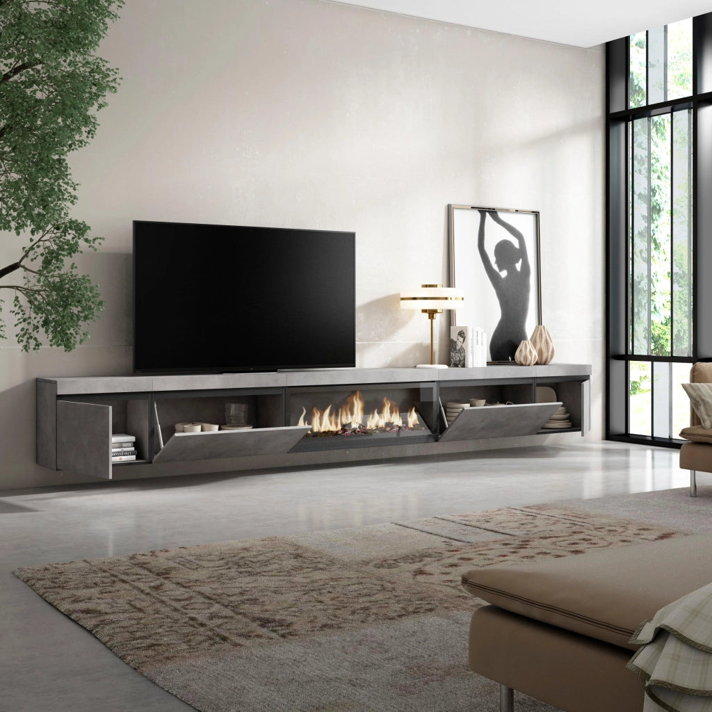 Mobile TV Soggiorno, 368x35x45, Camino elettrico XXL, da appendere, grigio cemento RF3681