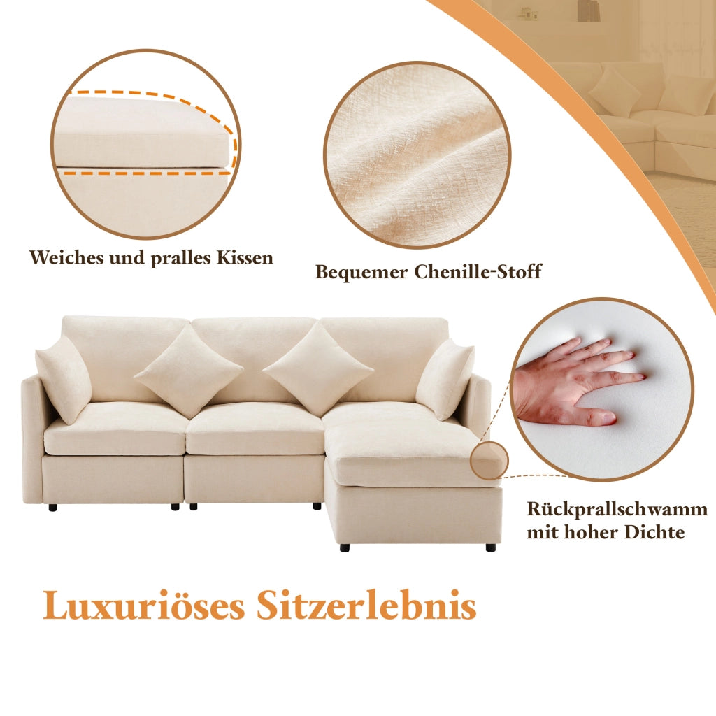 Divano Angolare Reversibile 3-4 Posti con Pouf Mobile; Cuscini Inclusi; Seduta Ergonomica in Ciniglia Beige