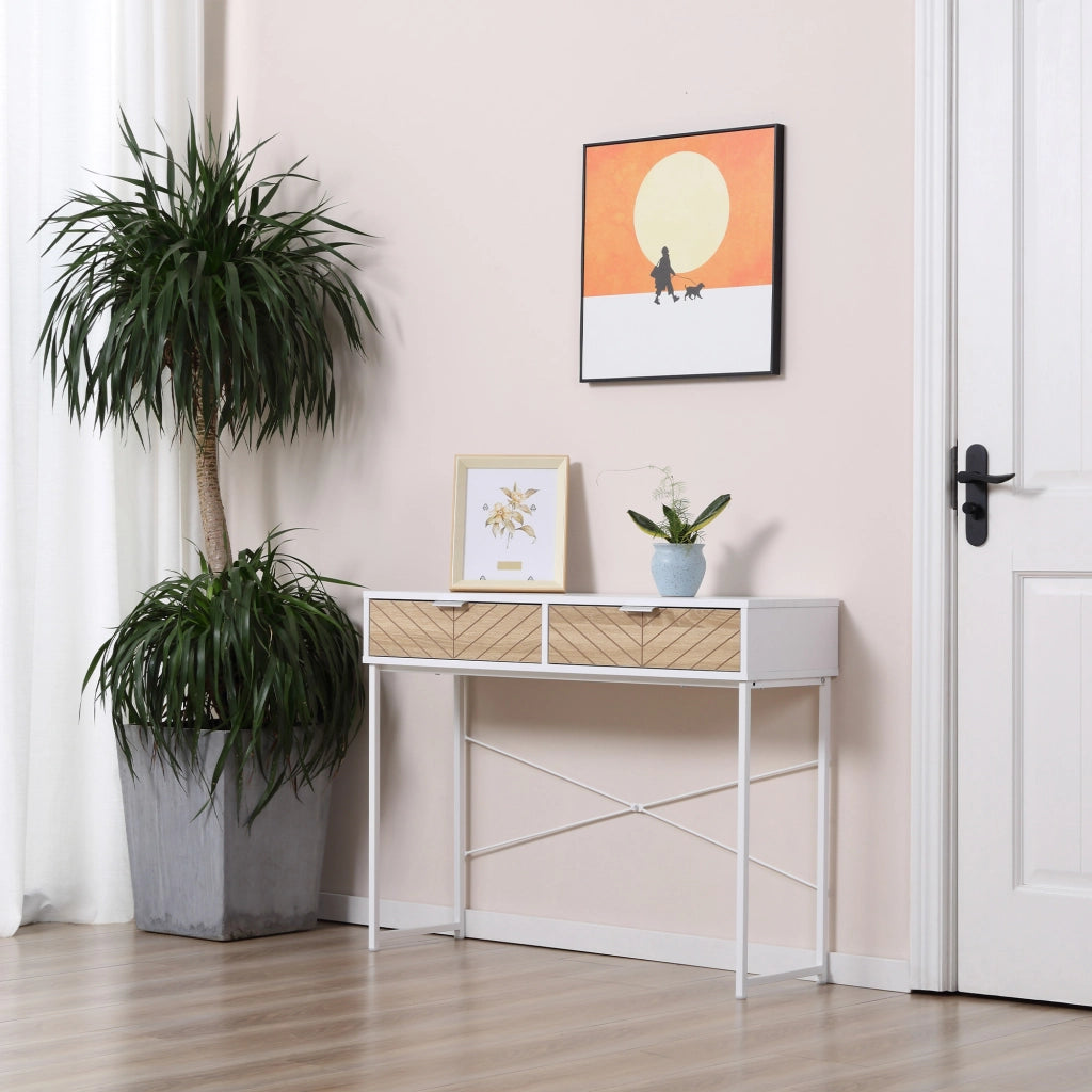 Tavolo consolle ¨C Zephmum ¨C Effetto quercia scanalata, 2 cassetti, gambe metallo bianco