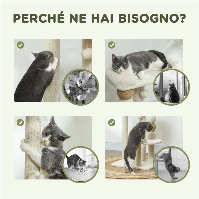 TORRE PER GATTI CON LETTINO PIATTAFORMA E PALLINA GIOCATTOLO IN LEGNO PELUCHE E IUTA 48.5X40X76 CM BEIGE