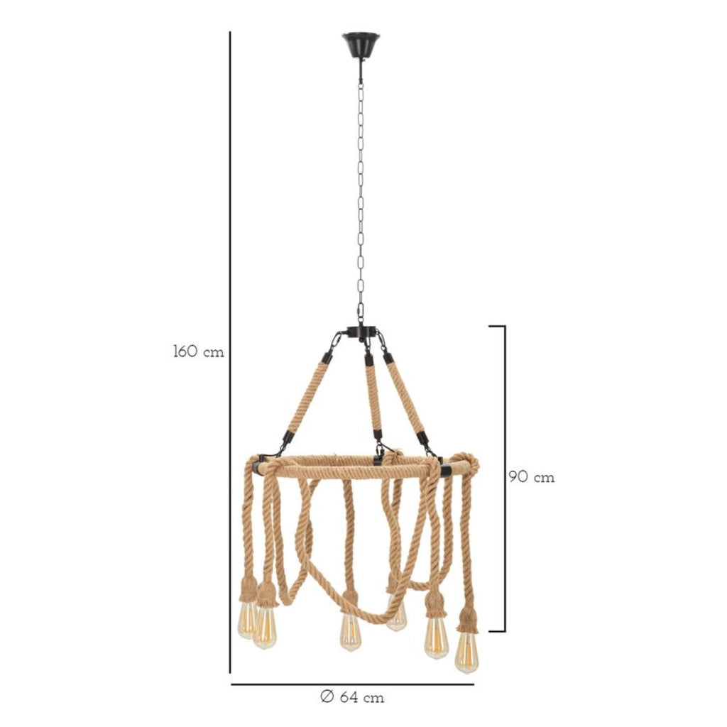Lampada a Sospensione VKH75, Marrone, Corda, 64x64x90 cm