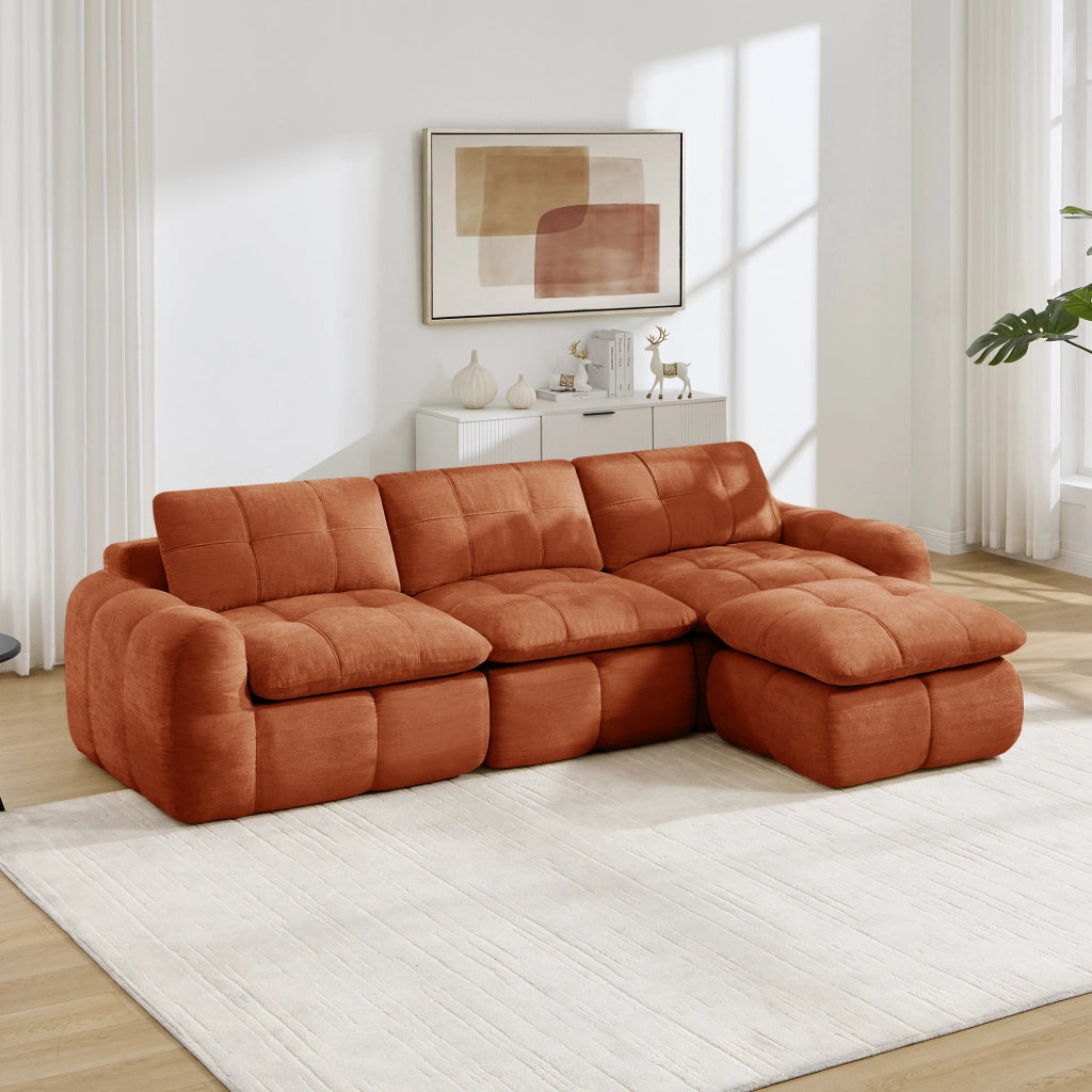 Divano modulare angolare 3 posti senza struttura con pouf in chenille arancione per salotto 264 × 160 × 68 cm
